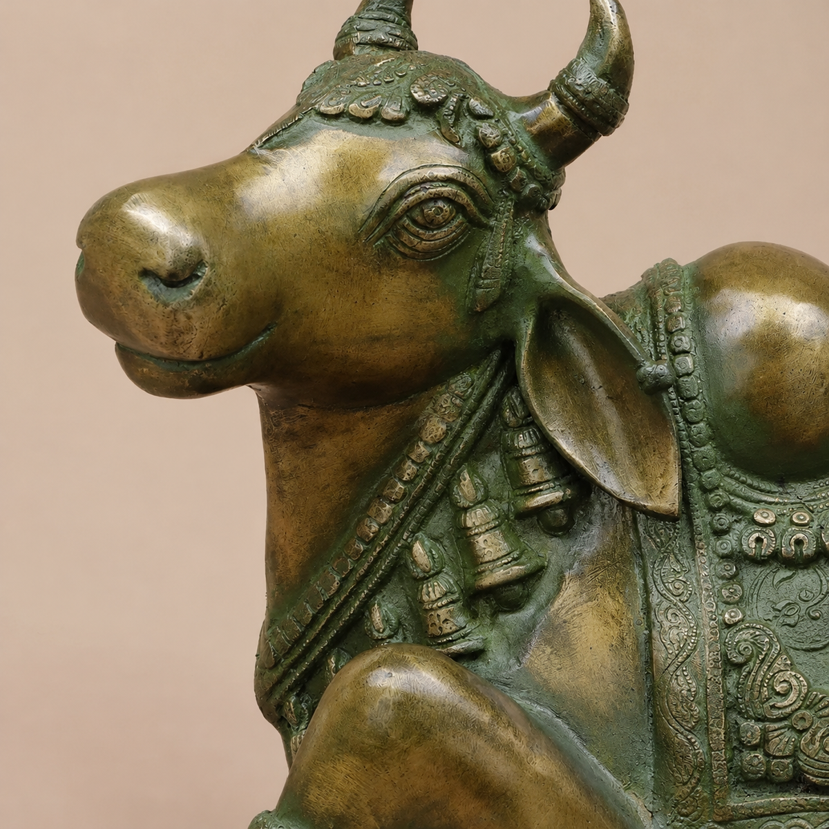 Brassaura® Nandi Bull Reclining Idol with Green Algae Finish | Pure Superfine Brass Handcrafted Murti | Brass Statue for Home Temple, Pooja Room | Height 14 Inches | Weight 18.2 Kgs