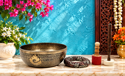Brassaura® Brass Tibetan Buddhist Singing Bowl with Wood & Cushion | Height 5.50 Inches | Weight: 3.30 kgs