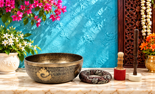 Brassaura® Brass Tibetan Buddhist Singing Bowl with Wood & Cushion | Height 5.50 Inches | Weight: 3.30 kgs