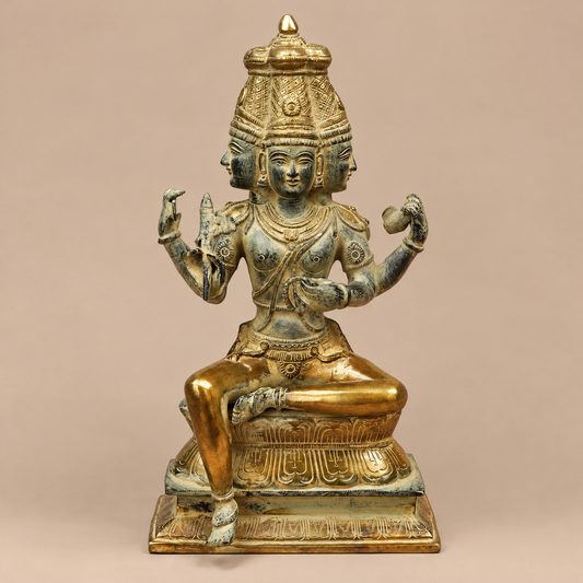 Brassaura® Lord Brahma Seated Idol with Antique Golden Finish | Pure Superfine Brass Handcrafted Murti | Brass Statue for Home Temple, Pooja Room | Height 16 Inches | Weight 7.6 Kgs