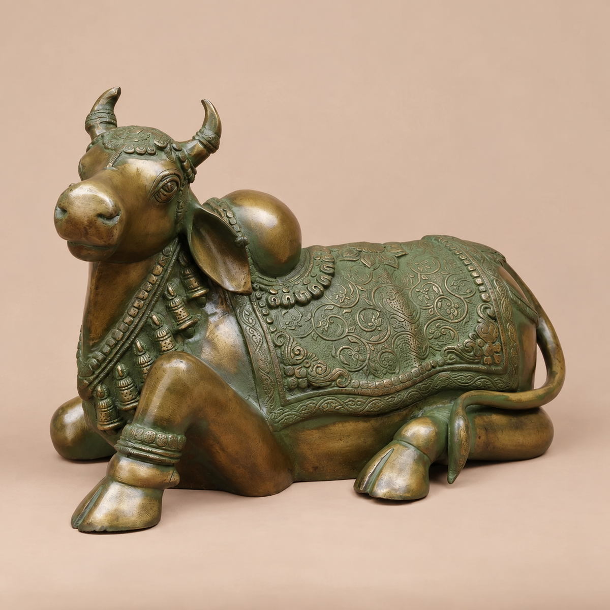 Brassaura® Nandi Bull Reclining Idol with Green Algae Finish | Pure Superfine Brass Handcrafted Murti | Brass Statue for Home Temple, Pooja Room | Height 14 Inches | Weight 18.2 Kgs