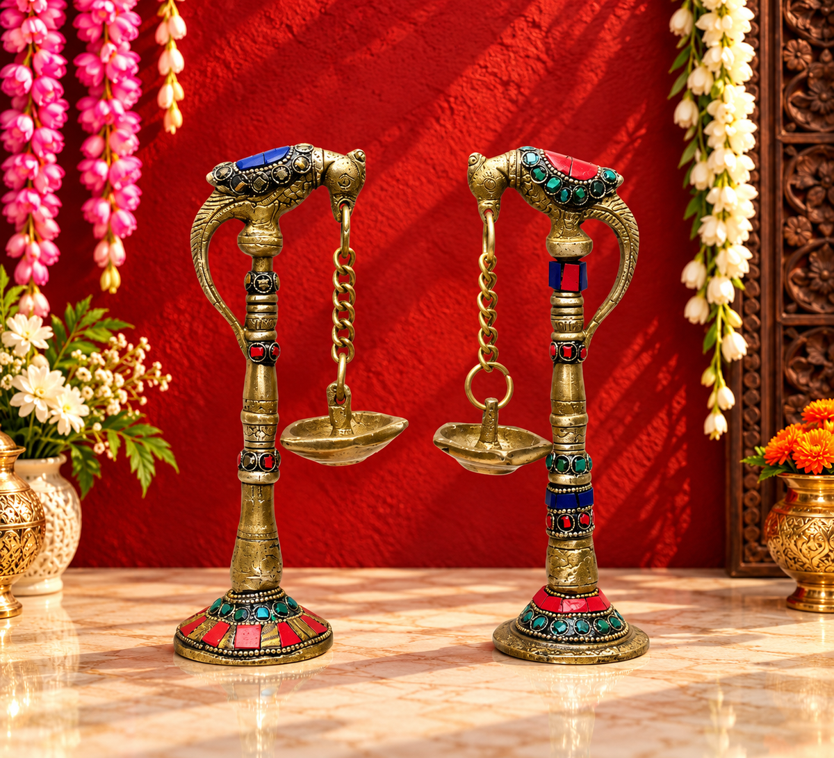Brassaura® Brass Gemstone Work Diya with Gemstone Inlay Finish | Pure Superfine Brass Handcrafted Murti | Brass Statue for Home Temple, Pooja Room | Height 8.27 Inches | Weight 1.15 Kgs