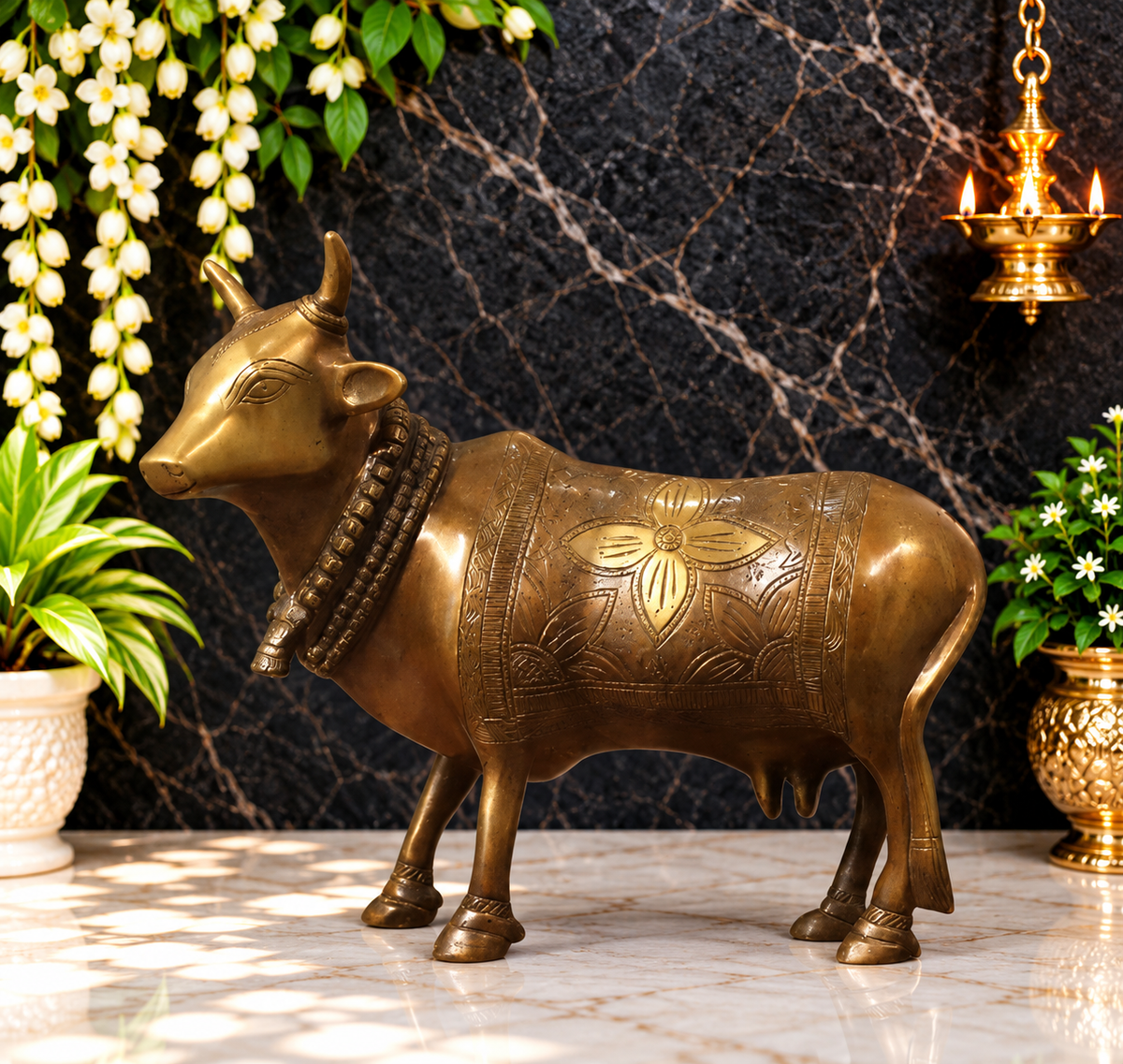 Brassaura® Brass Kamdhenu Cow Idol – Height 11 Inches & Weight 5 Kgs | Vedic Home Altar Décor