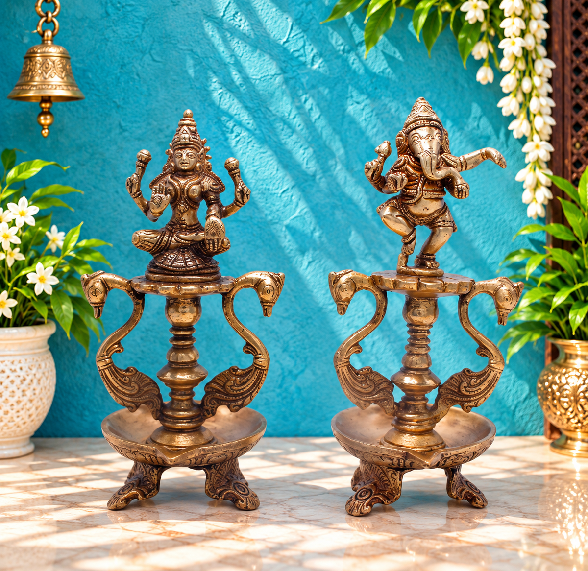 Brassaura® Artistic Standing Lakshmi Ganesha Statue | Pure Superfine Brass Handcrafted Murti | Brass Statue for Home Temple, Pooja Room | Height 8 Inches | Weight 1.6 Kgs