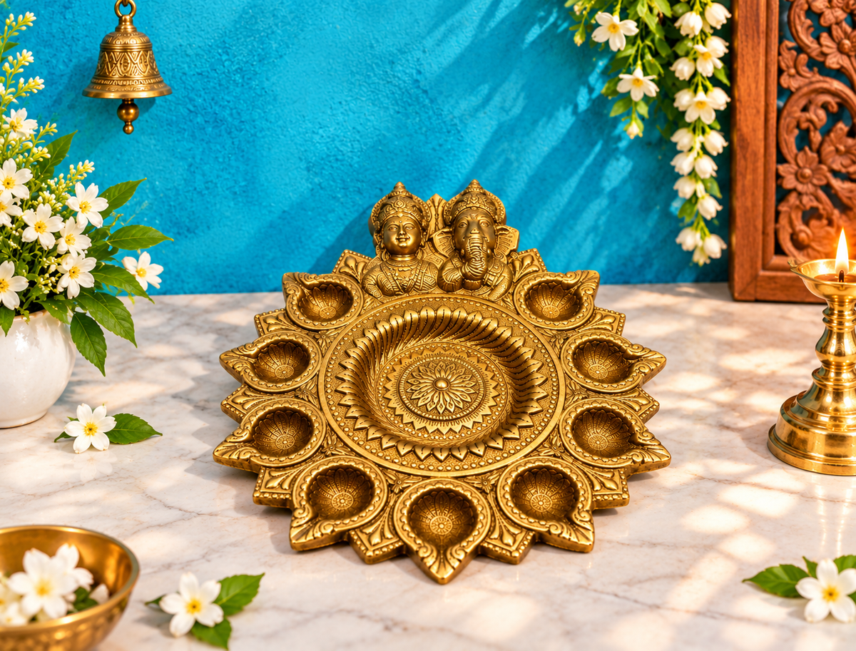 Brassaura® Brass 10 Wick Lakshmi Ganesha Diya | Pure Superfine Brass Handcrafted Murti | Brass Statue for Home Temple, Pooja Room | Height 4 Inches | Weight 2.7 Kgs