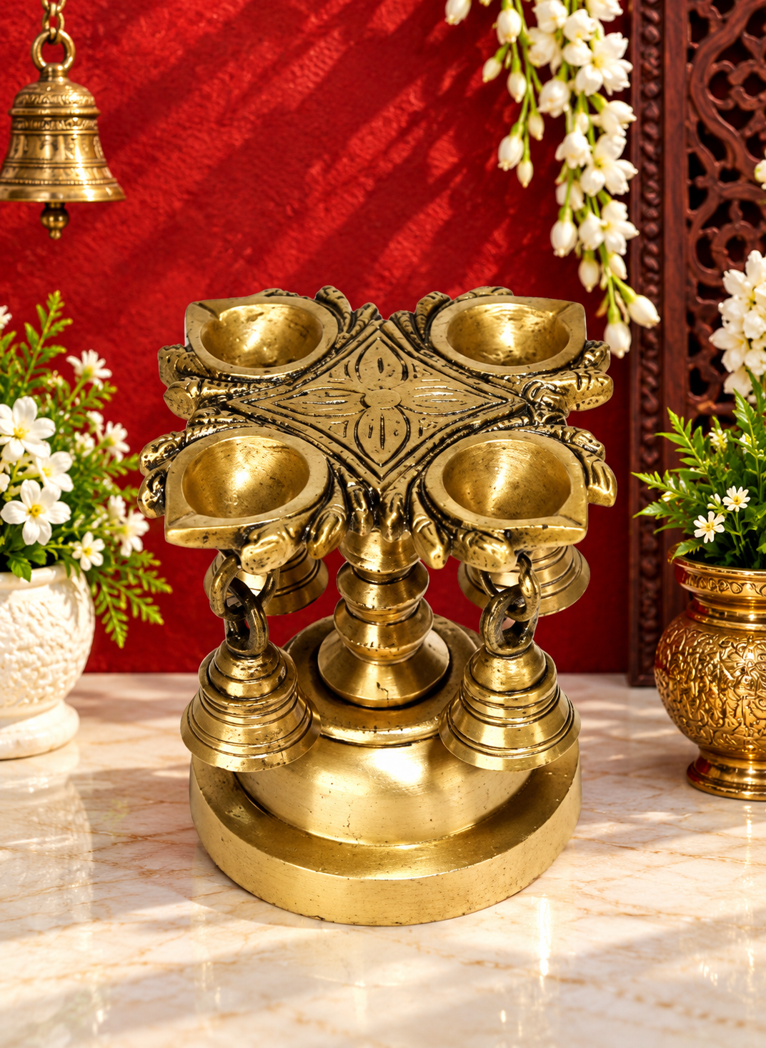 Brassaura® Designer Brass Four-Wick Lamp with Bells – Height 11 cm (4.33 in) | Weight 1.20 kg