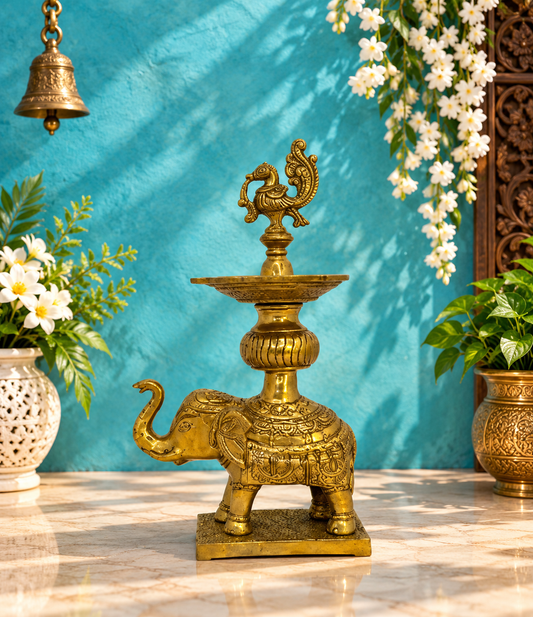 Brassaura® Brass Elephant Diya with Stand | Handcrafted Decorative Oil Lamp | Height 11.4 Inches & Weight 2.9 Kgs