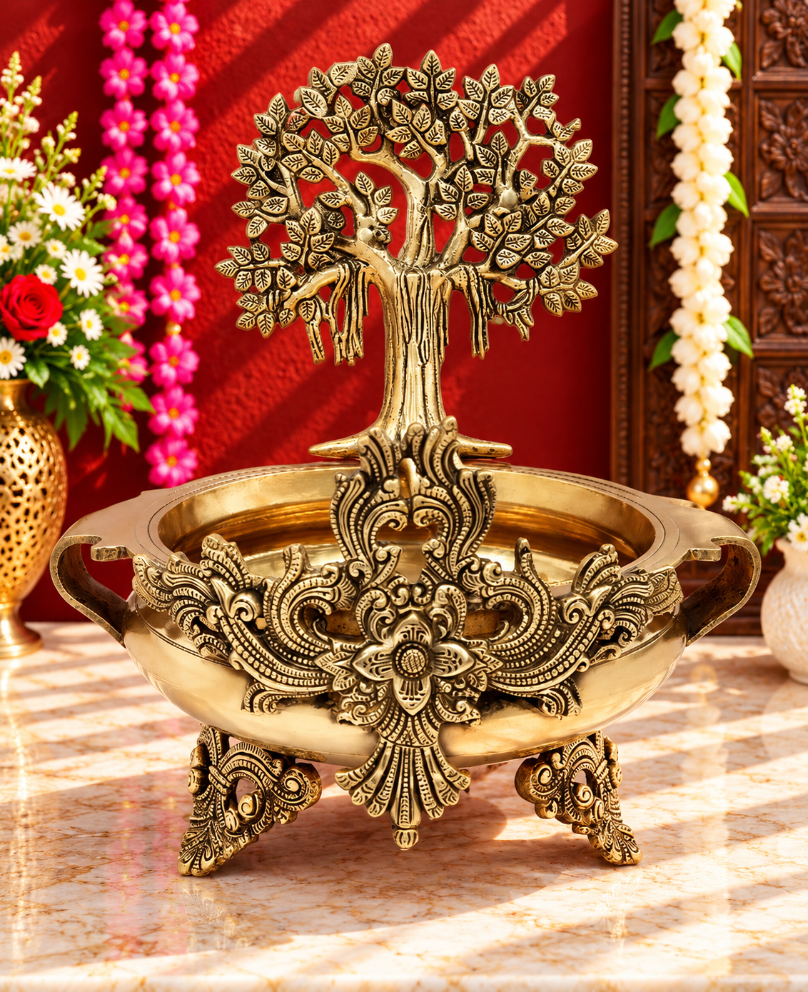 Brassaura® ब्रास ट्री उर्ली डेकोरेटिव बाउल स्टैंड के साथ | शुद्ध पीतल | ऊँचाई 15.5 इंच और वज़न 6.20 किलोग्राम