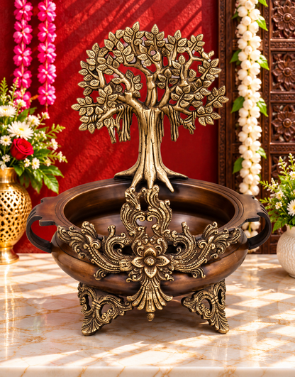 Brassaura® Decorative Brass Urli with Tree of Life | Pure Superfine Brass Handcrafted Murti | Brass Statue for Home Temple, Pooja Room | Height 14 Inches | Weight 5.42 Kgs
