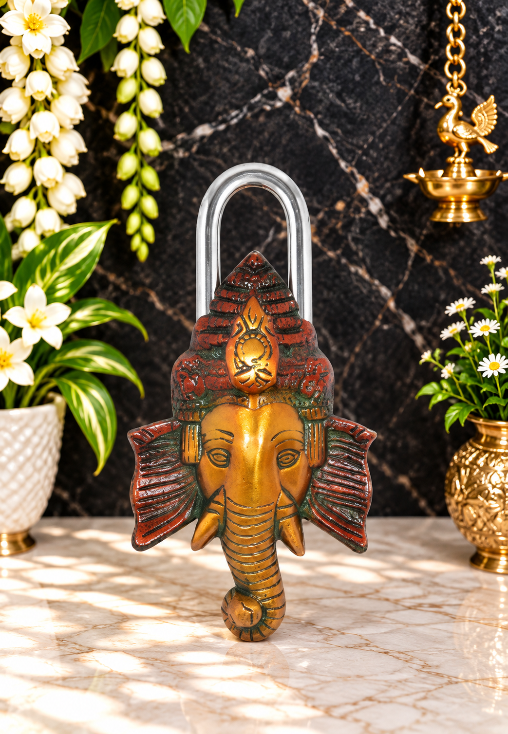 Brassaura® Brass Ganesha Door Lock with Multicolor Artistic Handcrafted Finish | Pure Superfine Brass Handcrafted Murti | Brass Statue for Home Temple, Pooja Room | Height 8 Inches | Weight 0.7 Kgs