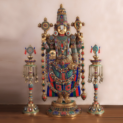 Brassaura™ Brass Lord Venkateshwara Statue with Meenakari Stonework & Deepak Set – 48 Inches, 49 Kgs Idol + 30 Inches, 20 Kgs Deepaks