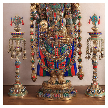 Brassaura™ Brass Lord Venkateshwara Statue with Meenakari Stonework & Deepak Set – 48 Inches, 49 Kgs Idol + 30 Inches, 20 Kgs Deepaks