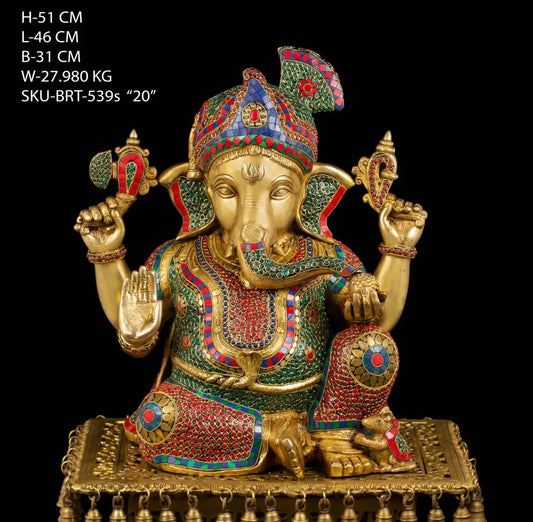 Brassaura™ Brass Pagdi Ganesha Gemstone Work Statue – Height 20 Inch, Weight 27.98 Kg | Solid Brass Murti