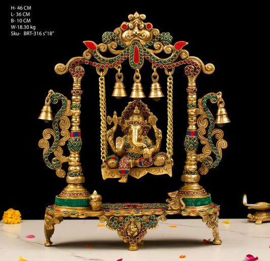 Brassaura™ Ganesha Jhula Gemstone Work Statue – Height 18 Inch, Weight 18.30 Kg | Solid Brass Murti