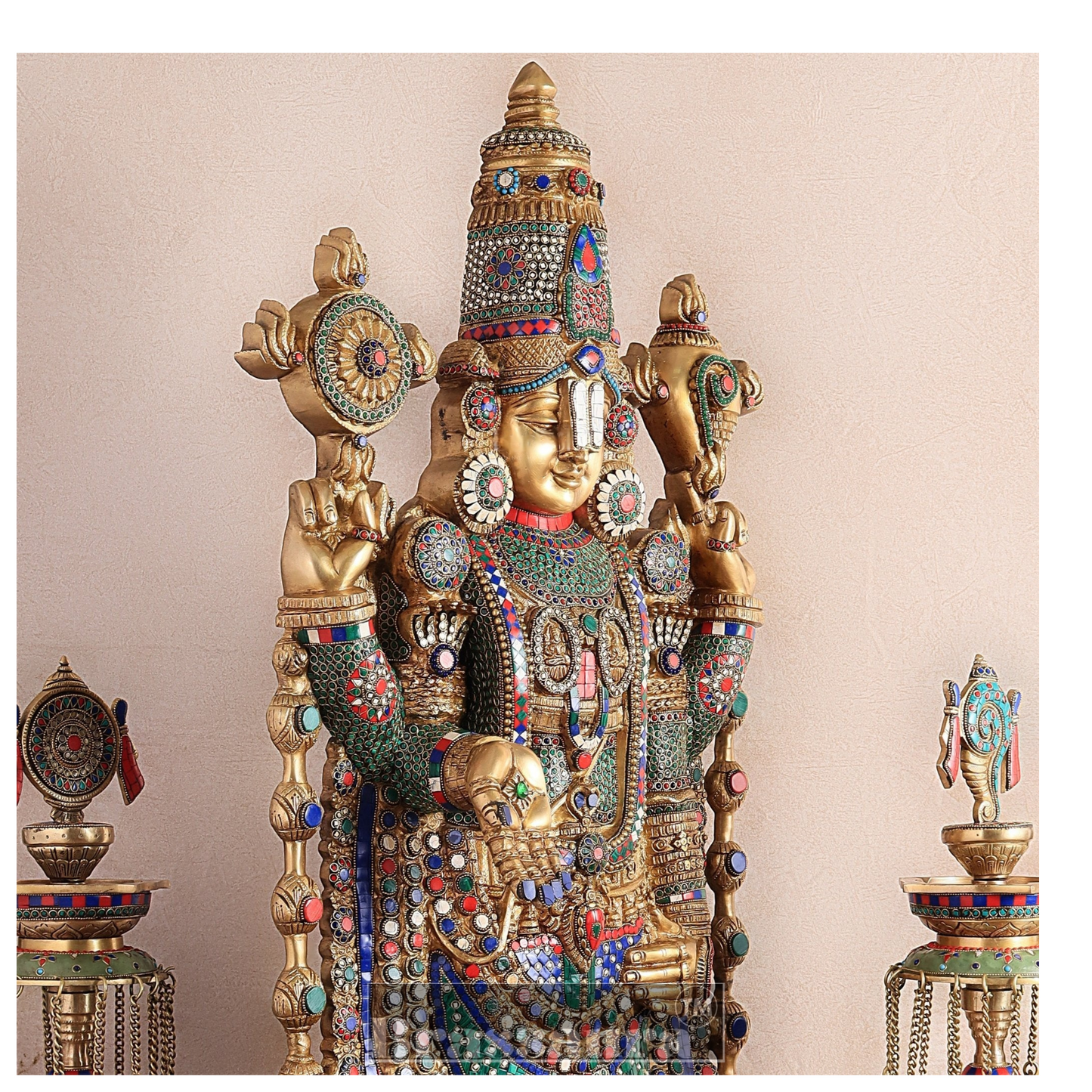 Brassaura™ Brass Lord Venkateshwara Statue with Meenakari Stonework & Deepak Set – 48 Inches, 49 Kgs Idol + 30 Inches, 20 Kgs Deepaks