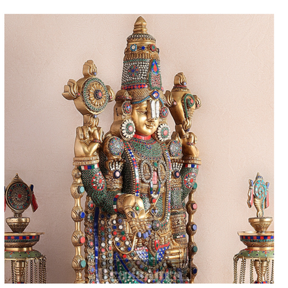 Brassaura™ Brass Lord Venkateshwara Statue with Meenakari Stonework & Deepak Set – 48 Inches, 49 Kgs Idol + 30 Inches, 20 Kgs Deepaks