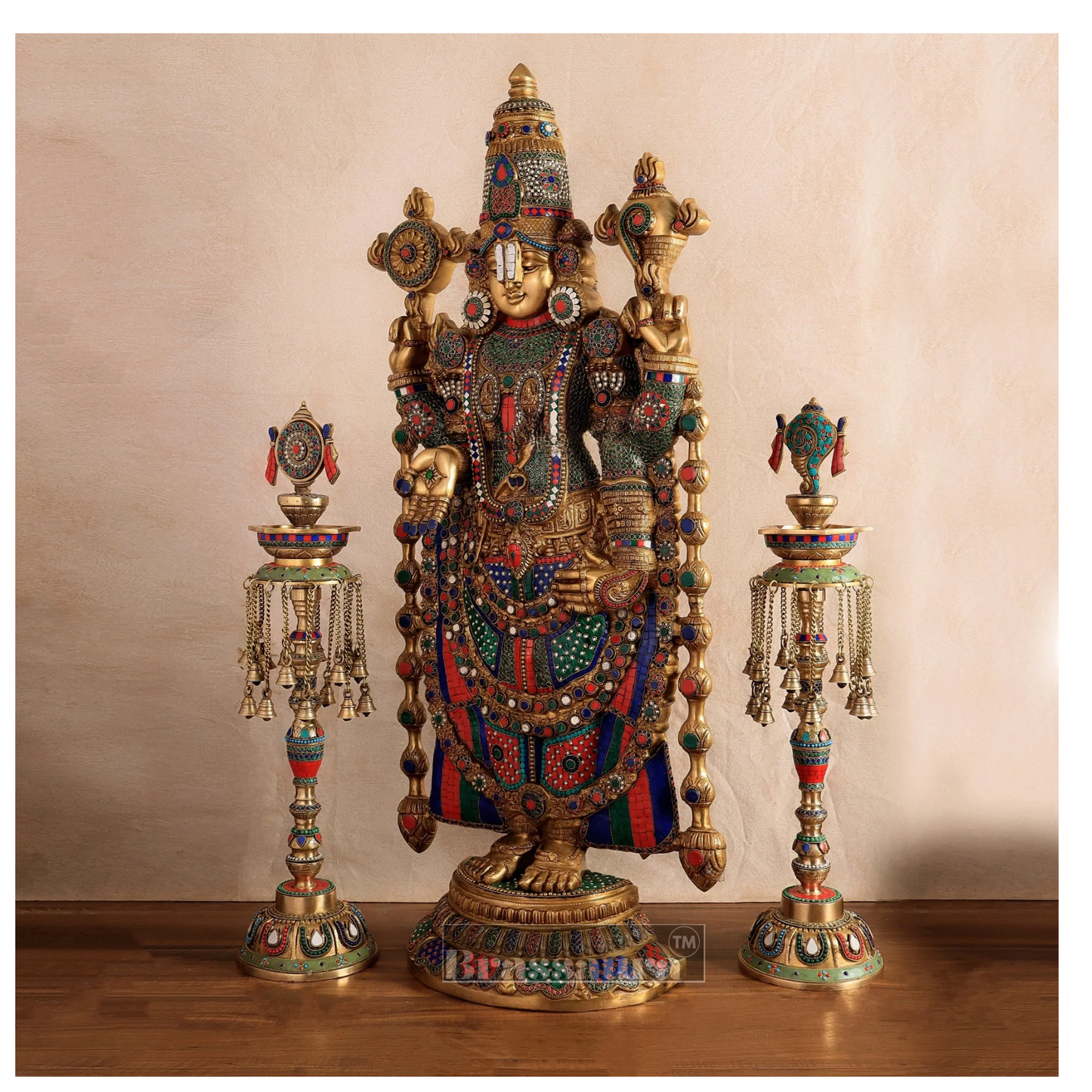 Brassaura™ Brass Lord Venkateshwara Statue with Meenakari Stonework & Deepak Set – 48 Inches, 49 Kgs Idol + 30 Inches, 20 Kgs Deepaks