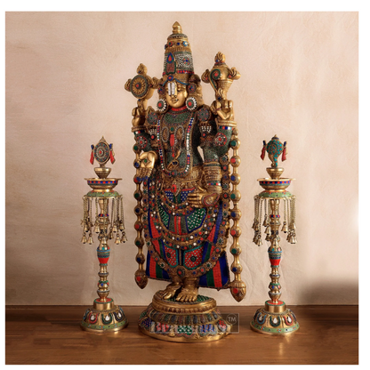 Brassaura™ Brass Lord Venkateshwara Statue with Meenakari Stonework & Deepak Set – 48 Inches, 49 Kgs Idol + 30 Inches, 20 Kgs Deepaks