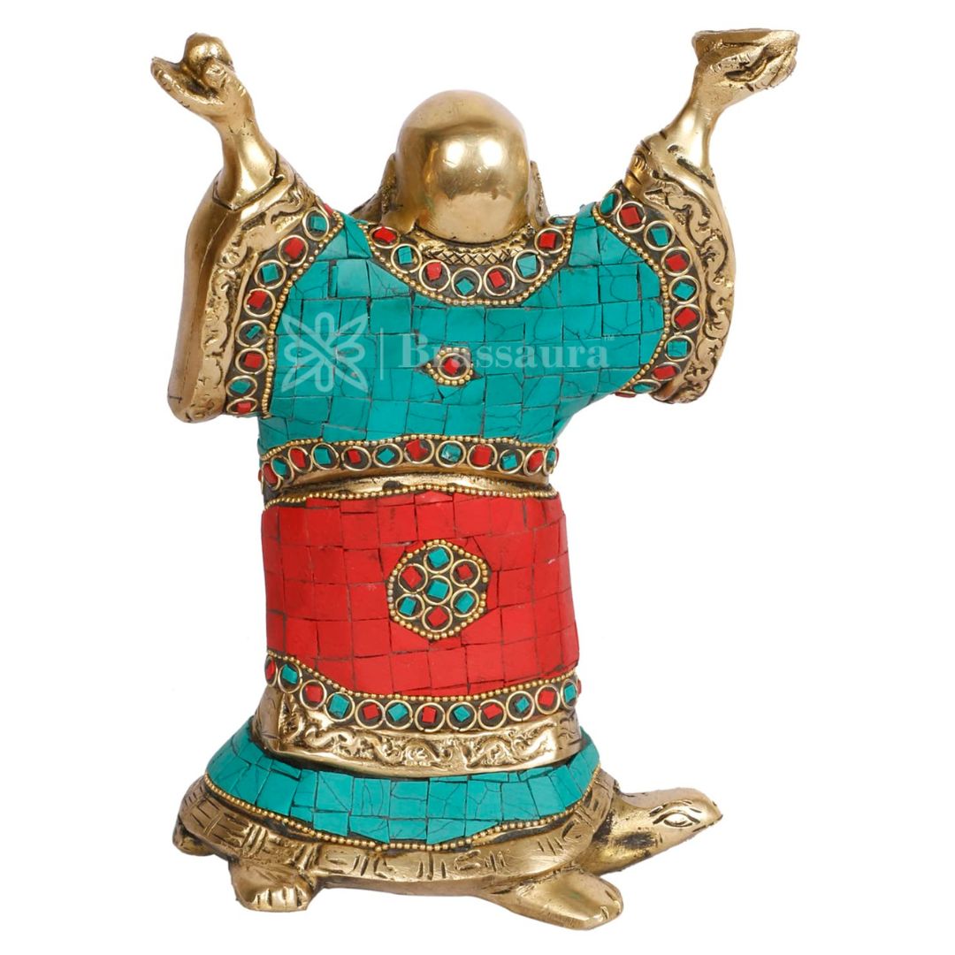 Brassaura™ Brass Feng Shui Laughing Buddha Standing on Tortoise