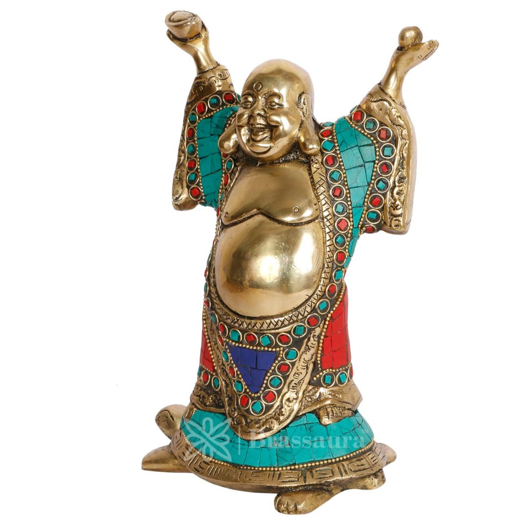 Brassaura™ Brass Feng Shui Laughing Buddha Standing on Tortoise