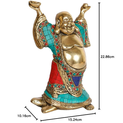 Brassaura™ Brass Feng Shui Laughing Buddha Standing on Tortoise