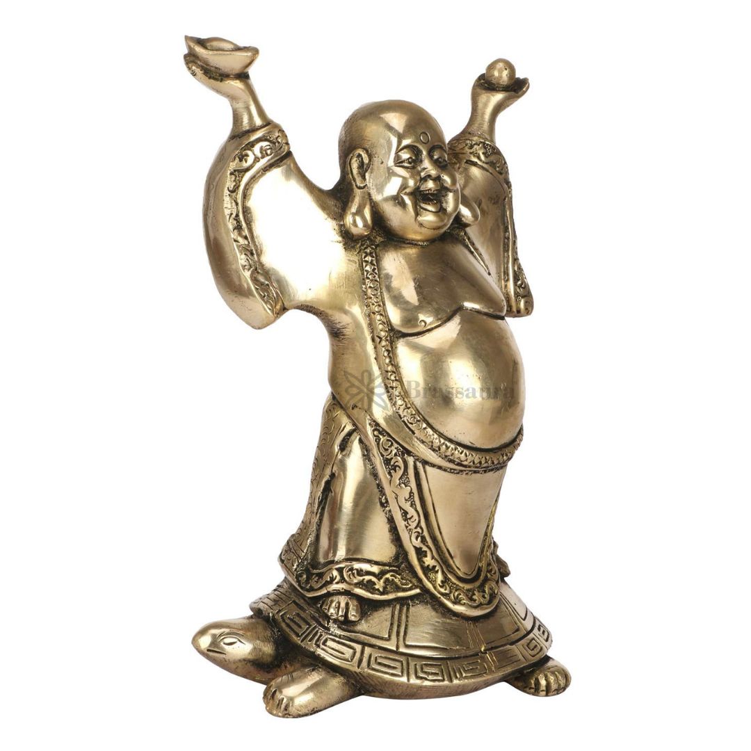 Brassaura™ Brass Feng Shui Laughing Buddha Standing on Tortoise