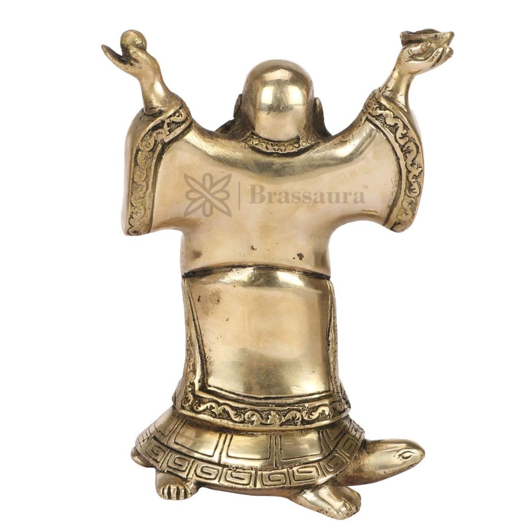 Brassaura™ Brass Feng Shui Laughing Buddha Standing on Tortoise