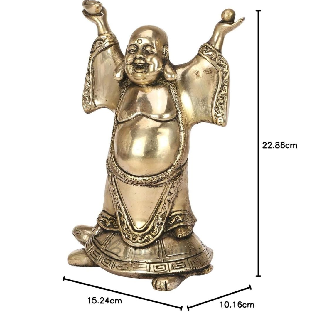 Brassaura™ Brass Feng Shui Laughing Buddha Standing on Tortoise