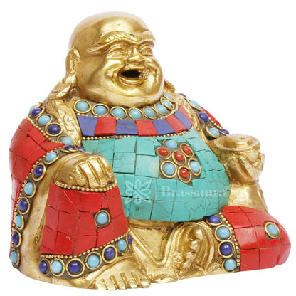 Brassaura™ Brass Feng Shui Gem Stone Work Happy Man Laughing Buddha