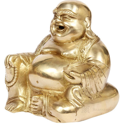 Brassaura™ Brass Feng Shui Happy Man Laughing Buddha Sitting and Holding Ingot Statue