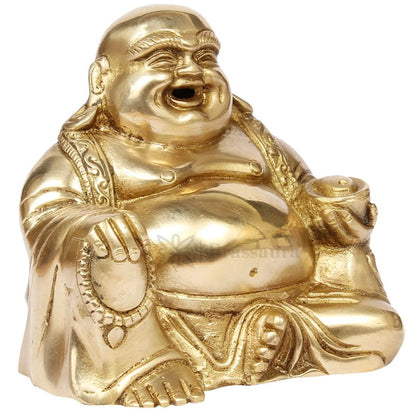 Brassaura™ Brass Feng Shui Happy Man Laughing Buddha Sitting and Holding Ingot Statue