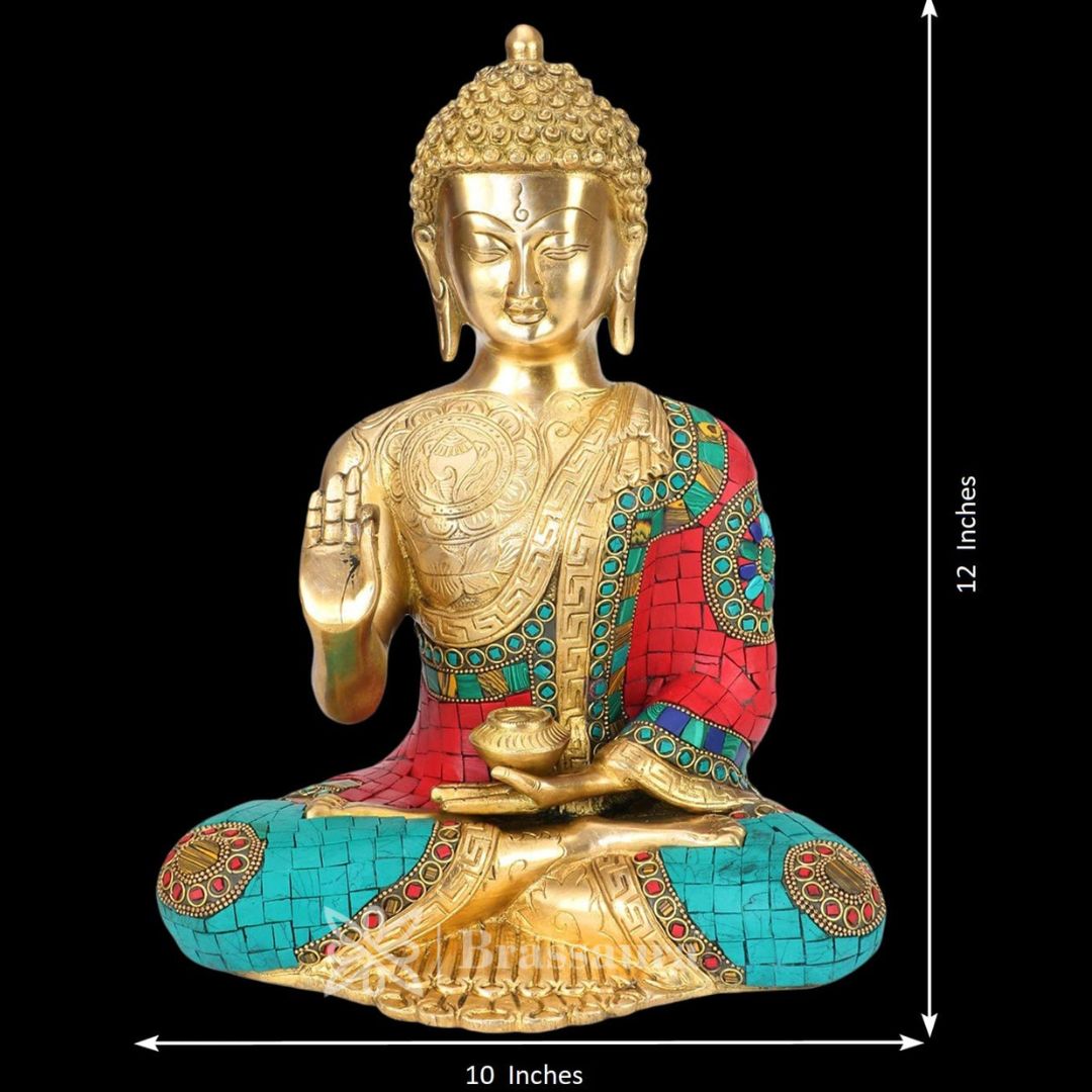 Brassaura™ Brass Bhagwan Buddha Statue Gem Stone Work Blessing Face