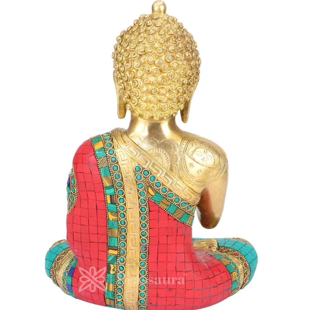 Brassaura™ Brass Bhagwan Buddha Statue Gem Stone Work Blessing Face