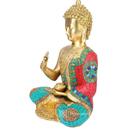 Brassaura™ Brass Bhagwan Buddha Statue Gem Stone Work Blessing Face