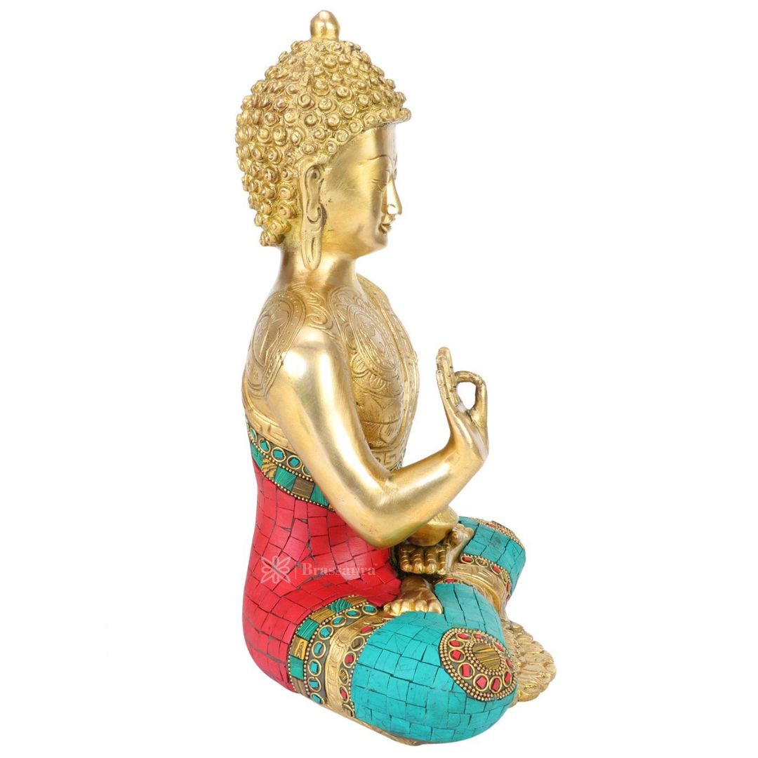 Brassaura™ Brass Bhagwan Buddha Statue Gem Stone Work Blessing Face