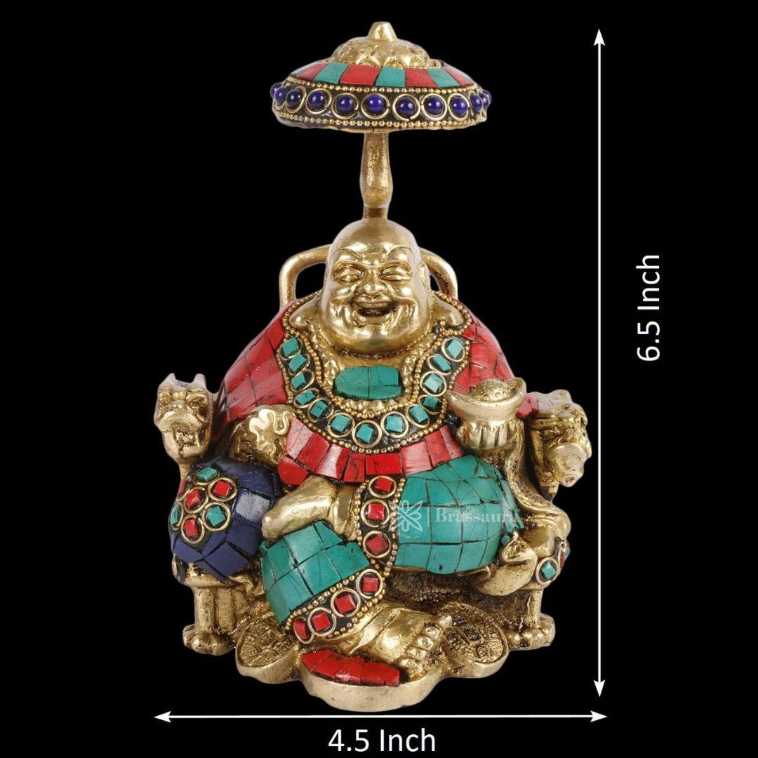 Brassaura™ Feng Shui Laughing Buddha Sitting Brass with Color Gem Stone Handwork Statue