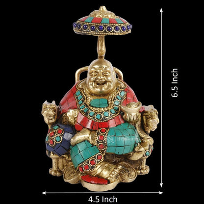 Brassaura™ Feng Shui Laughing Buddha Sitting Brass with Color Gem Stone Handwork Statue