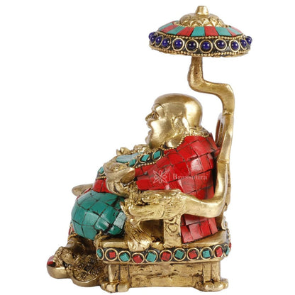 Brassaura™ Feng Shui Laughing Buddha Sitting Brass with Color Gem Stone Handwork Statue