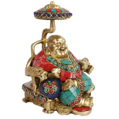 Brassaura™ Feng Shui Laughing Buddha Sitting Brass with Color Gem Stone Handwork Statue