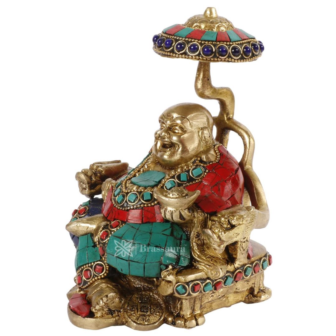 Brassaura™ Feng Shui Laughing Buddha Sitting Brass with Color Gem Stone Handwork Statue