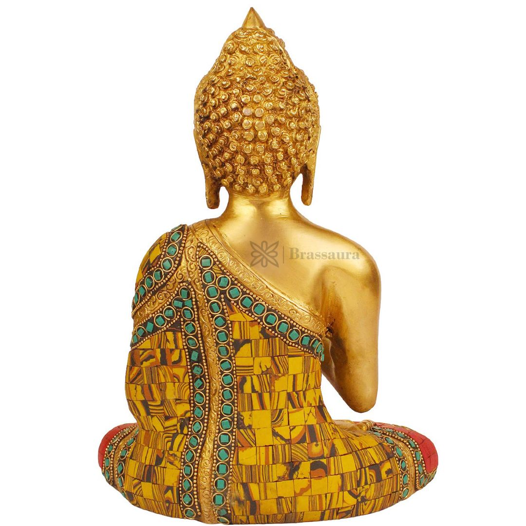 Brassaura™ Brass Gem Stone Work Buddha Vitarka Statue Multicolor Sculpture Idol