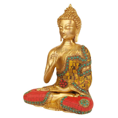 Brassaura™ Brass Gem Stone Work Buddha Vitarka Statue Multicolor Sculpture Idol