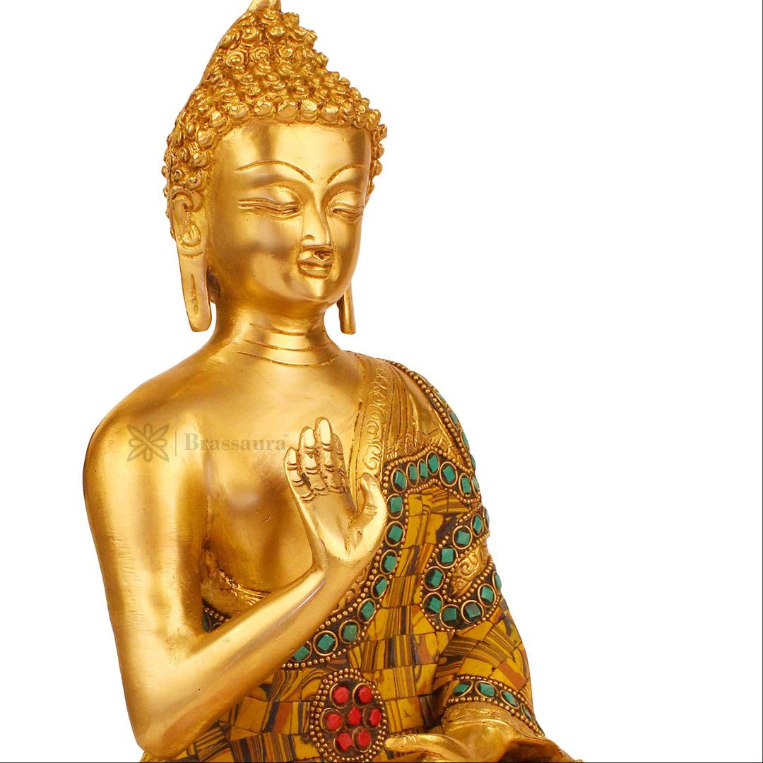 Brassaura™ Brass Gem Stone Work Buddha Vitarka Statue Multicolor Sculpture Idol