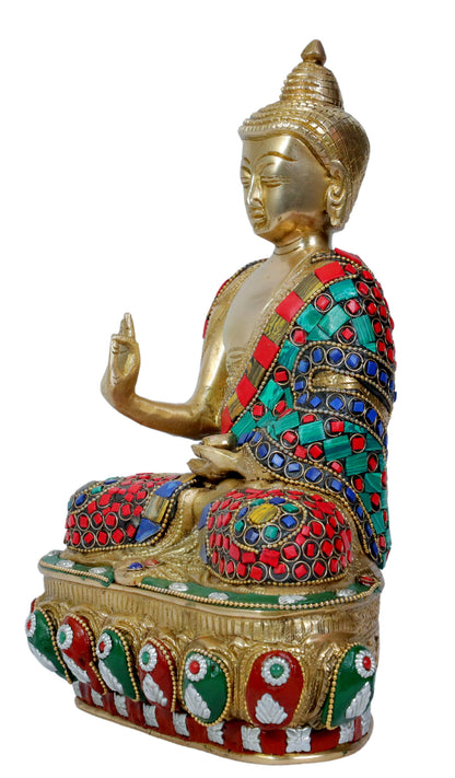 Brassaura™ Brass Gem Stone Work Buddha Vitarka Statue Multicolor Sculpture