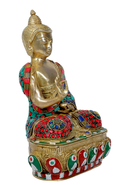 Brassaura™ Brass Gem Stone Work Buddha Vitarka Statue Multicolor Sculpture