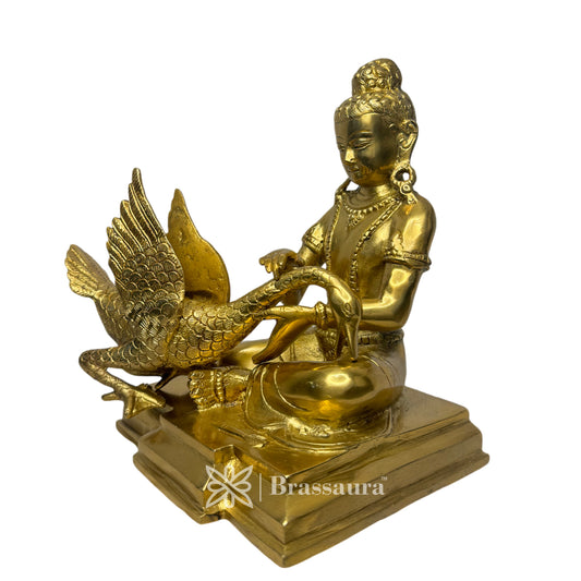 Brassaura® Brass Goddess Saraswati with Peacock Idol | Pure Superfine Brass Handcrafted Murti | Brass Statue for Home Temple, Pooja Room | Height 9 Inches | Weight 4.2 Kgs