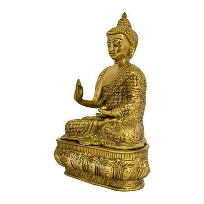 Brass Golden Buddha Chowki Statue for Home Decor Weight 3.5 Kg Height 26 cm