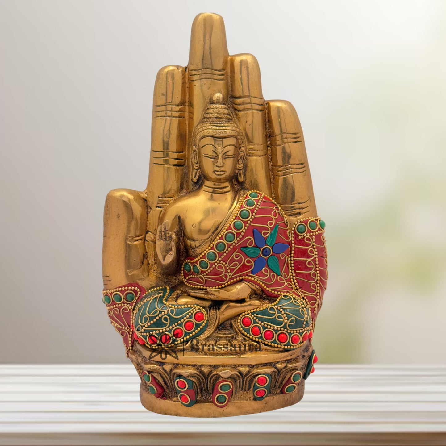 Brass Multi Coloured Gem Stone Work Buddha Weight 2.6 Kg & Height 9 Inch