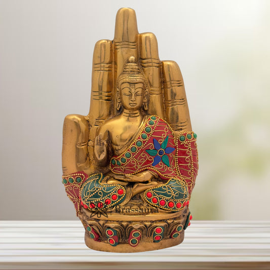 Brass Multi Coloured Gem Stone Work Buddha Weight 2.6 Kg & Height 9 Inch