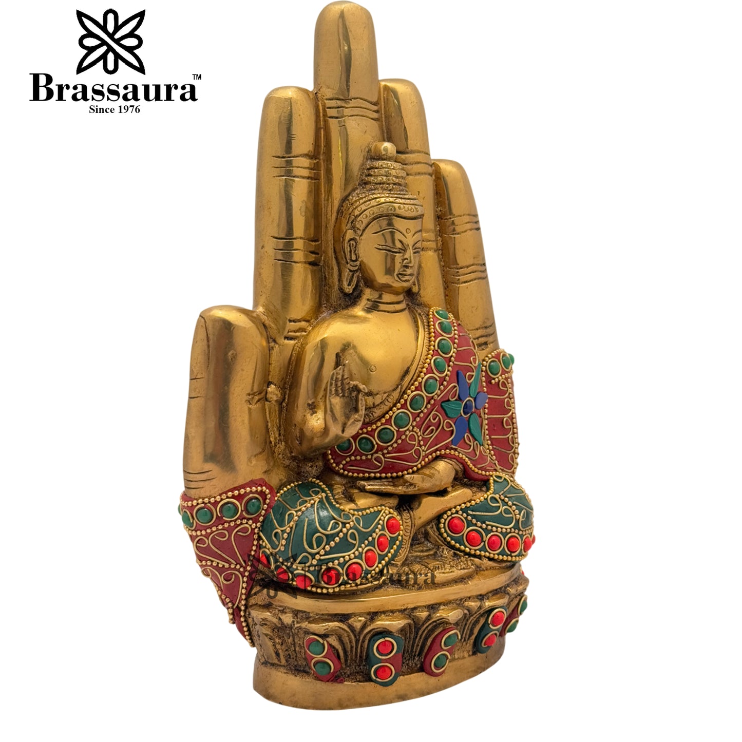 Brass Multi Coloured Gem Stone Work Buddha Weight 2.6 Kg & Height 9 Inch